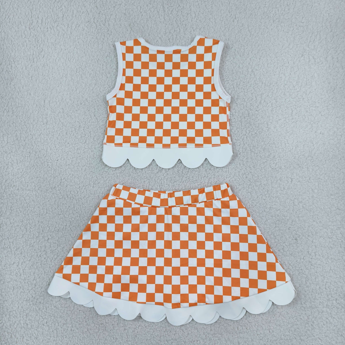 NEW RTS NO MOQ Yoga GSD4282 Baby Girls Orange Checked Bows Skort Team Yoga Scallop Set