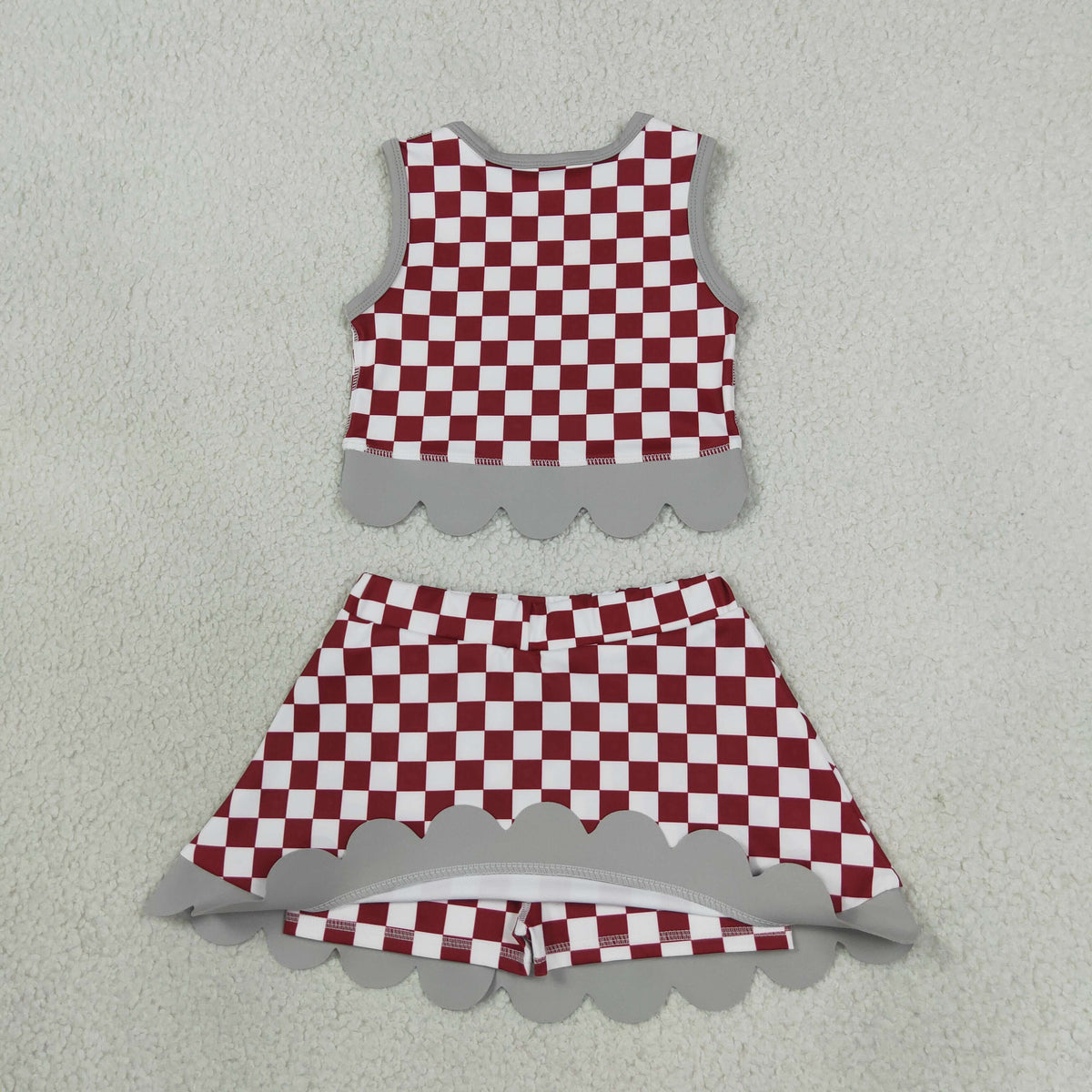 NEW RTS NO MOQ Yoga GSD4284 Baby Girls Red Checked Alabama Bows Skirt Short Yoga Active Team Scallop Clothes Set