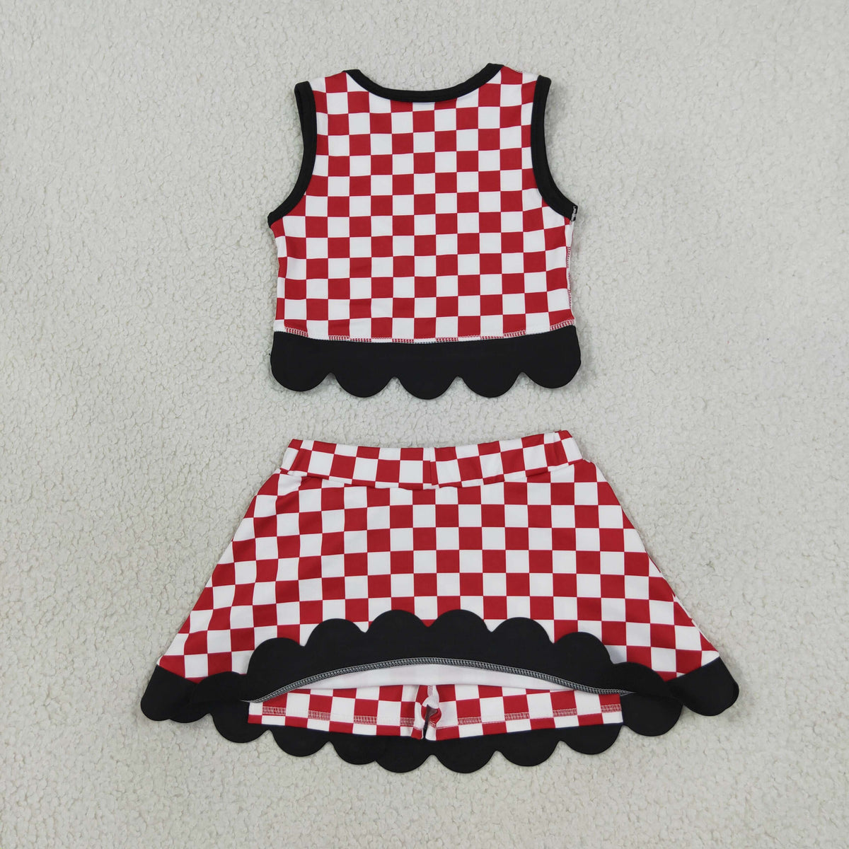 NEW RTS NO MOQ Yoga GSD4287 Baby Girls Red Checked Vest Bows Skirt Short Yoga Active Scallop Clothes Set