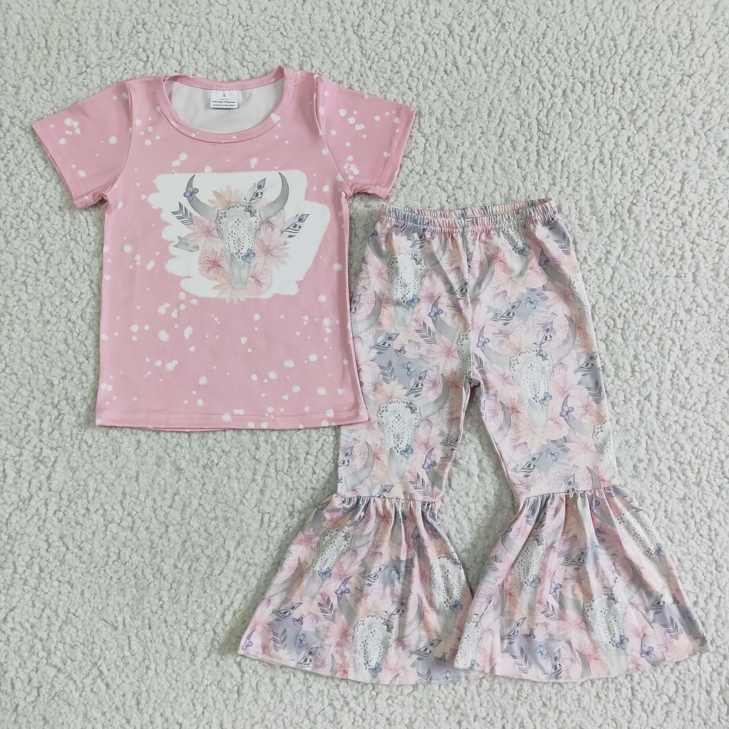 GSPO0072 Pink Bullhead Short Sleeve Flared Pants Suit