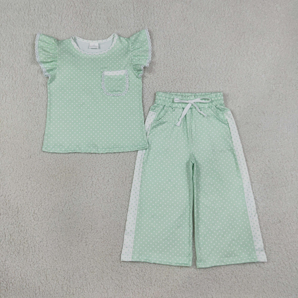 RTS NO MOQ Sibling milk silk Baby Girls Polka Dot Flutter Sleeve Top and Side Stripe Wide Leg Pants Set