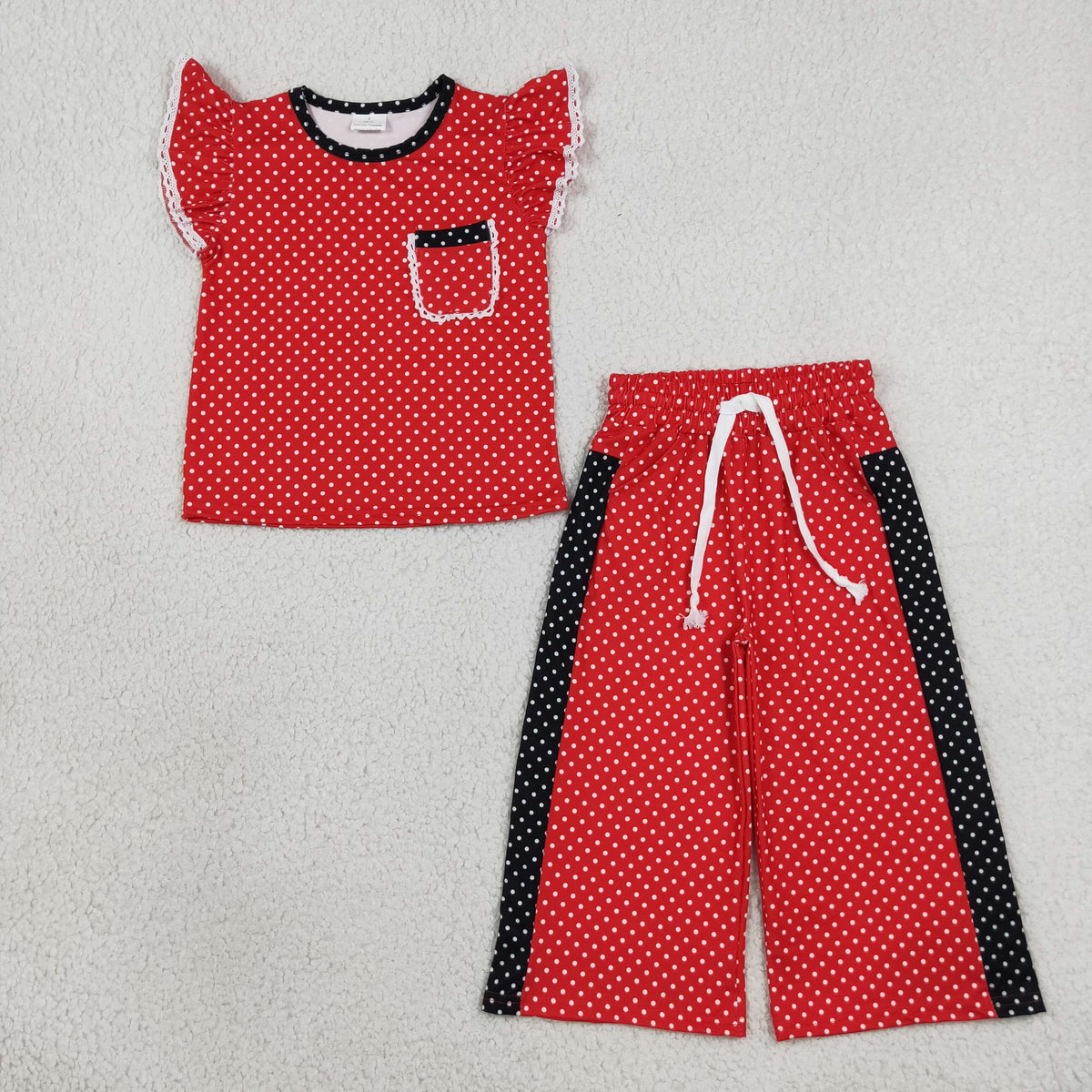 NEW RTS NO MOQ milk silk GSPO2370 Baby Girls Red Black Polka Dots Pocket Top Flare Pant Clothes Set
