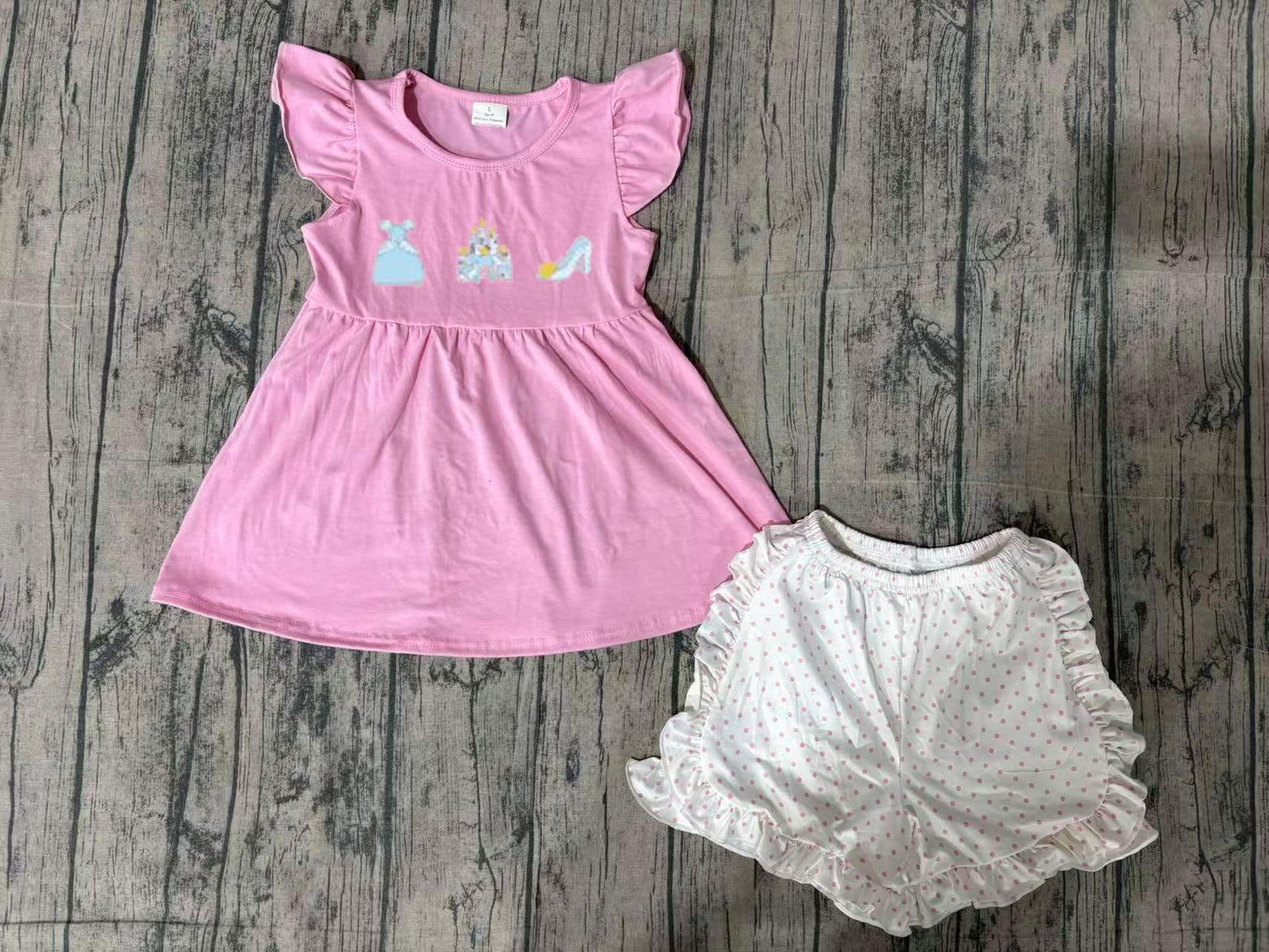 GSSO1186Embroidery Princess Baby Girls Tunic Ruffle Shorts Clothes Sets Preorder