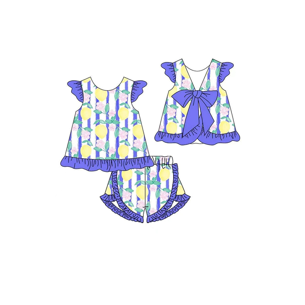 3.22GSSO2460Flutter sleeves stripe floral lemon top shorts girls clothes