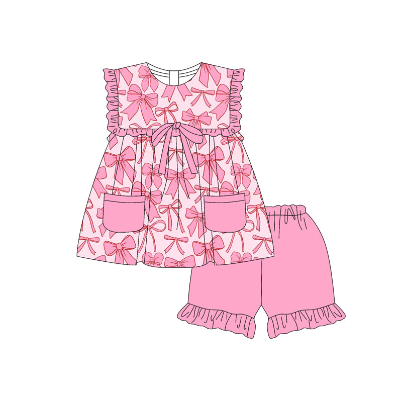 3.22GSSO2464Pink ruffle pockets bow baby girls clothing set