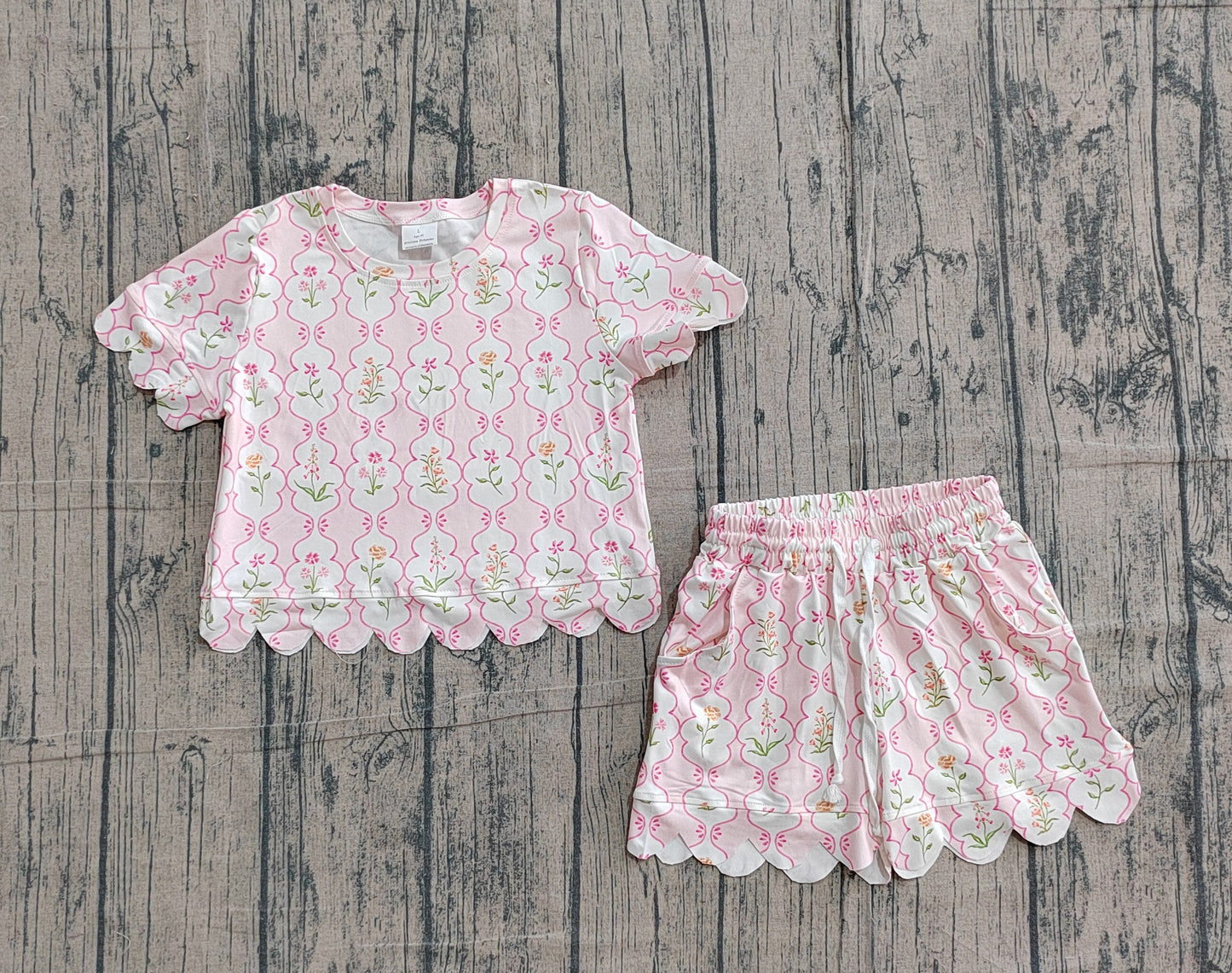 GSSO3271Baby Girls Colorful Flowers Checked Top Shorts Scallop Clothes Sets