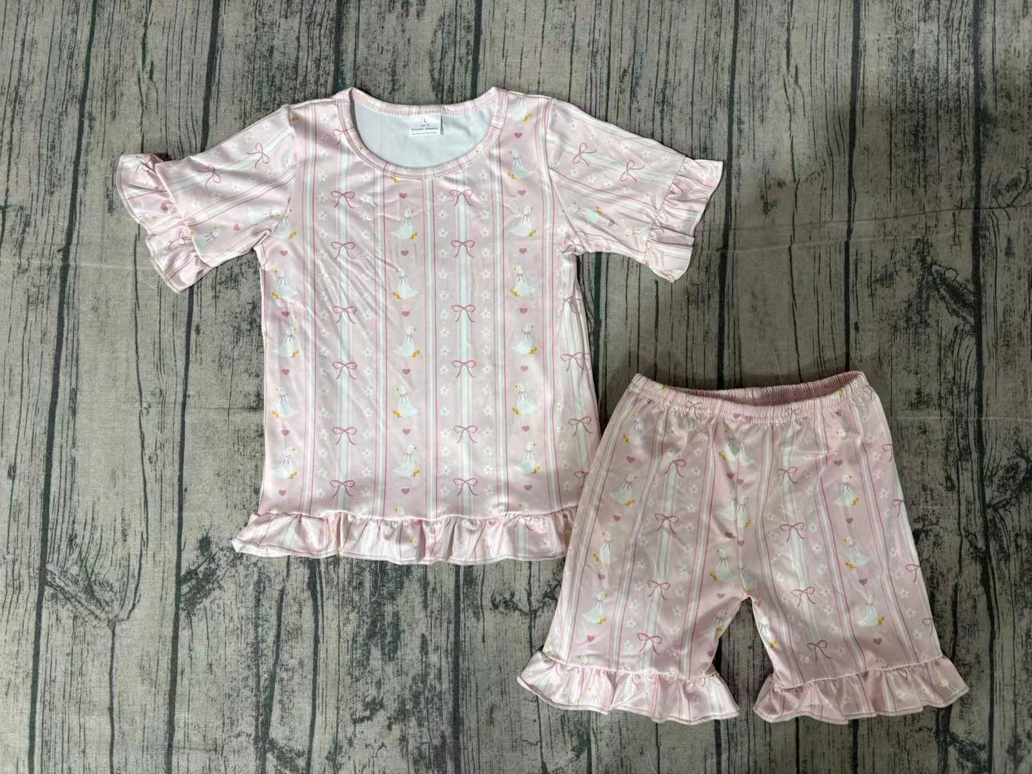 GSSO3330Baby Girls Bow Gooses Stripe Top Ruffle Shorts Pajamas Clothes Sets