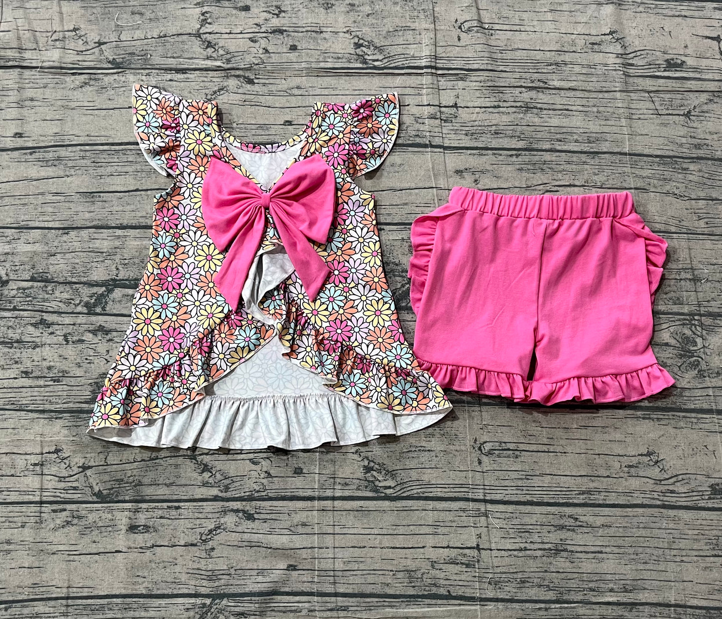 GSSO3353Baby Girls Colorful Daisy Flowers Back Bow Tunic Ruffle Shorts Clothes Sets Preorder
