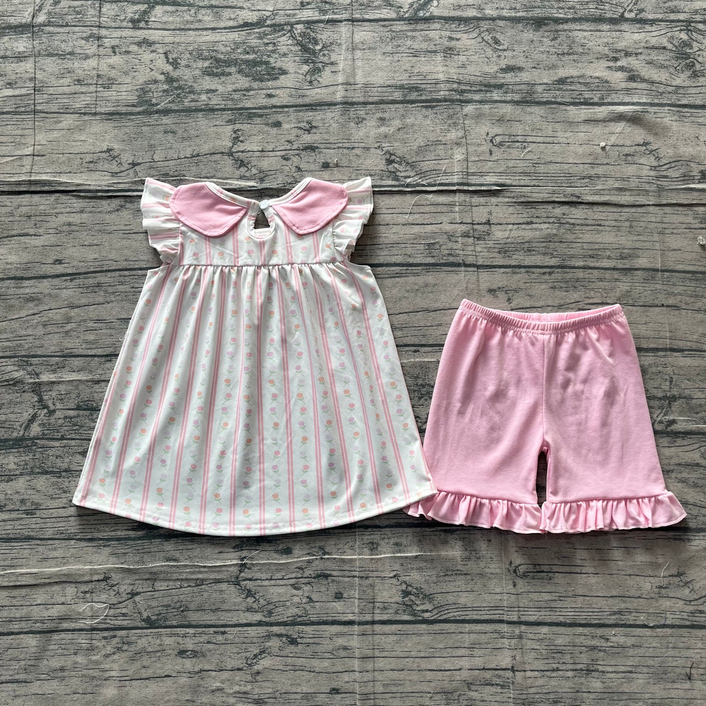 GSSO3363Baby Girls Pink Flowers Stripe Collar Tunic Ruffle Shorts Clothes Sets Preorder