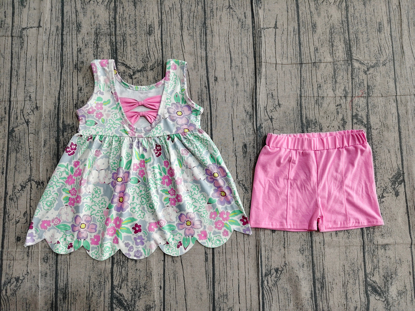 GSSO3385Baby Girls Sleeveless Colorful Flowers Tunic Shorts Clothes Set Preorder
