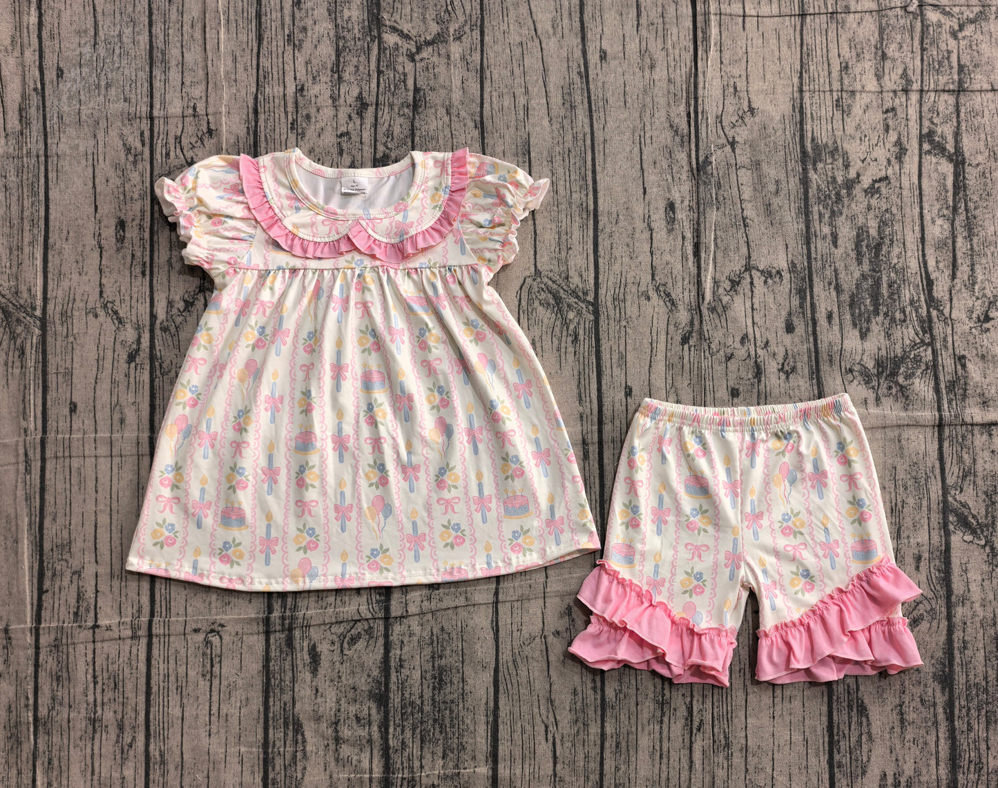 GSSO3445Baby Girls Colorful Bow Flowers Stripe Collar Tunic Ruffle Short Clothes Sets Preorder