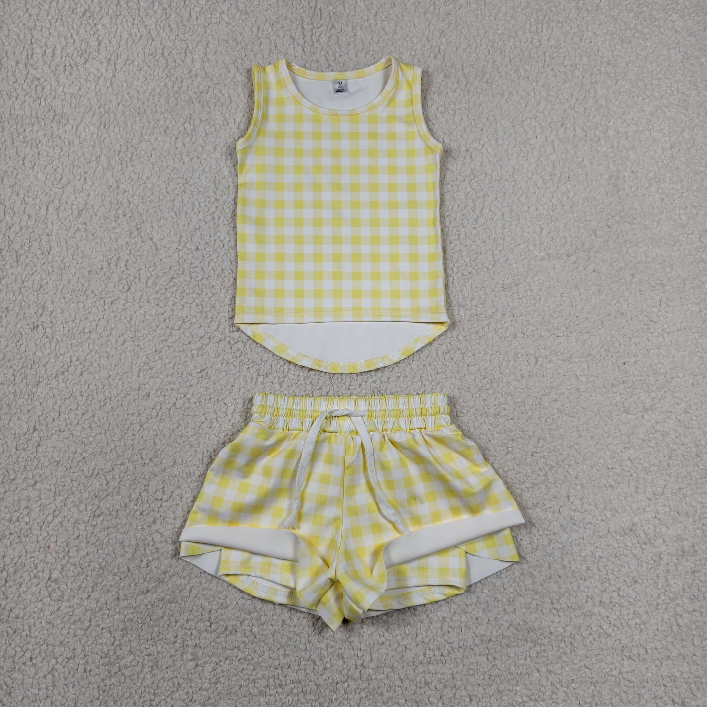 RTS NO MOQ Yoga GSSO3275 Baby Girls Yellow Checked Vests Top Butterfly Short Yoga Active Clothes Set