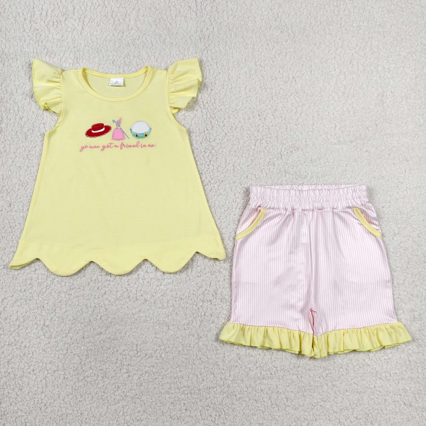 RTS NO MOQ milk silk GSSO3495 Embroidery Got a Friend Baby Girls Scallop Tunic Stripe Pockets Short Clothes Sets