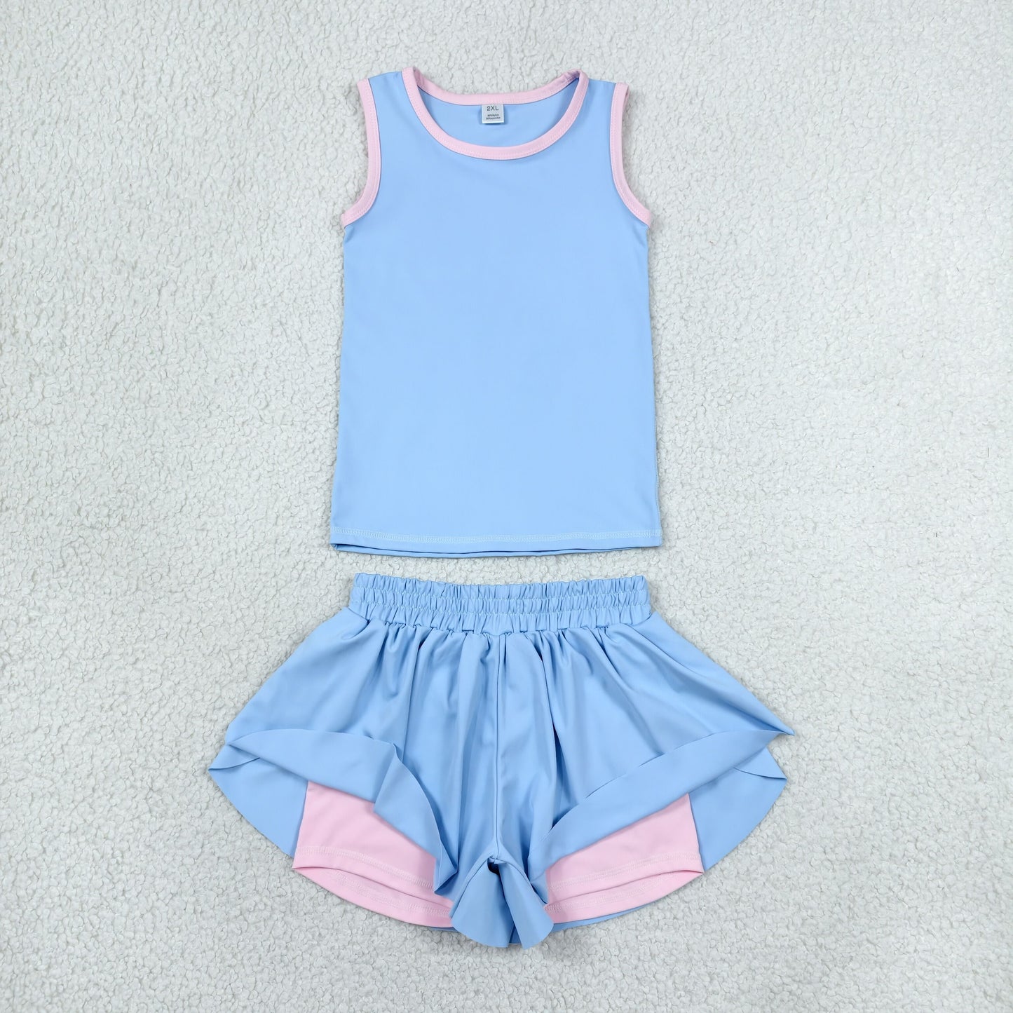 RTS NO MOQ Yoga GSSO3527 Baby Girls Blue Sleeveless Vests Top Butterfly Short Yoga Active Clothes Set