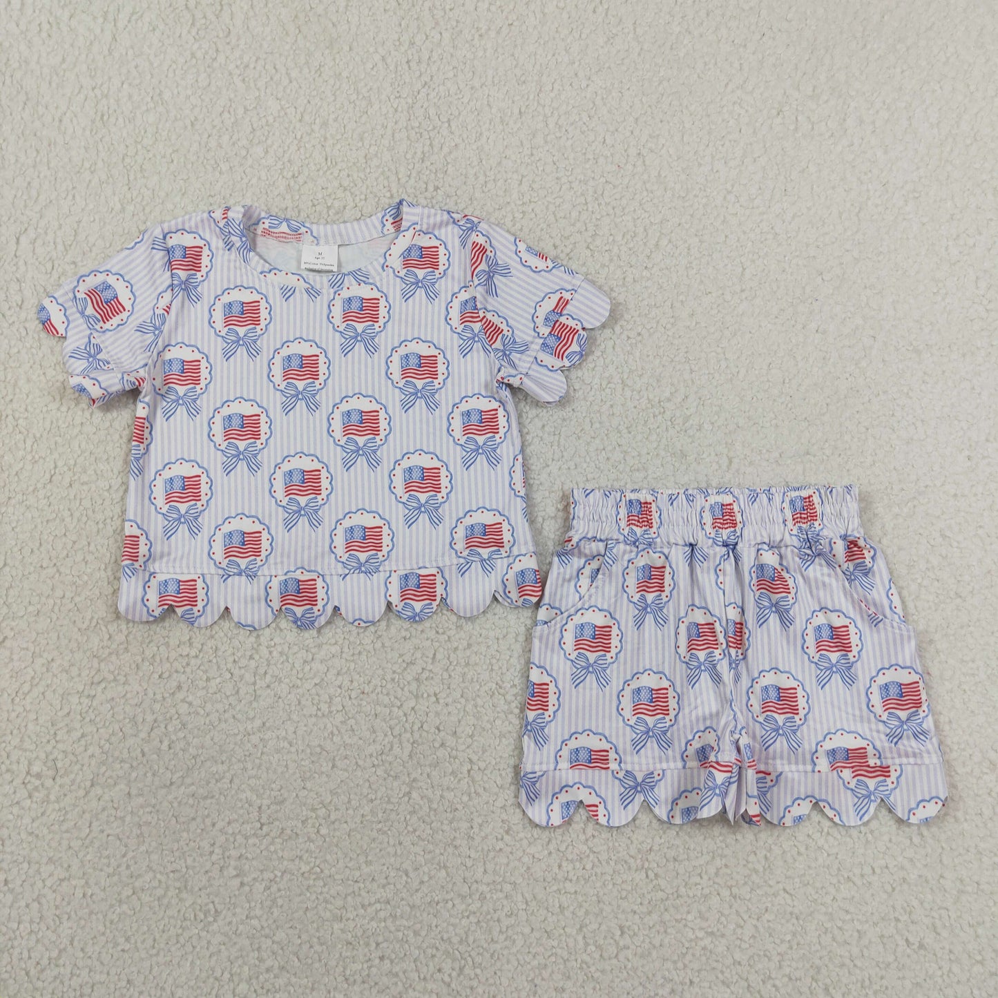 RTS NO MOQ milk silk GSSO3555 Baby Girls Bows Flags Stripe Top Pockets Short 4th of July Scallop Clothes Sets