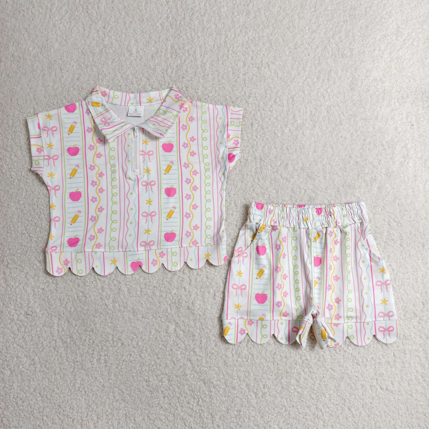 RTS NO MOQ milk silk GSSO3582 Baby Girls Pencils Flowers Zip Pullovers Top Short Back to School Scallop Clothes Sets