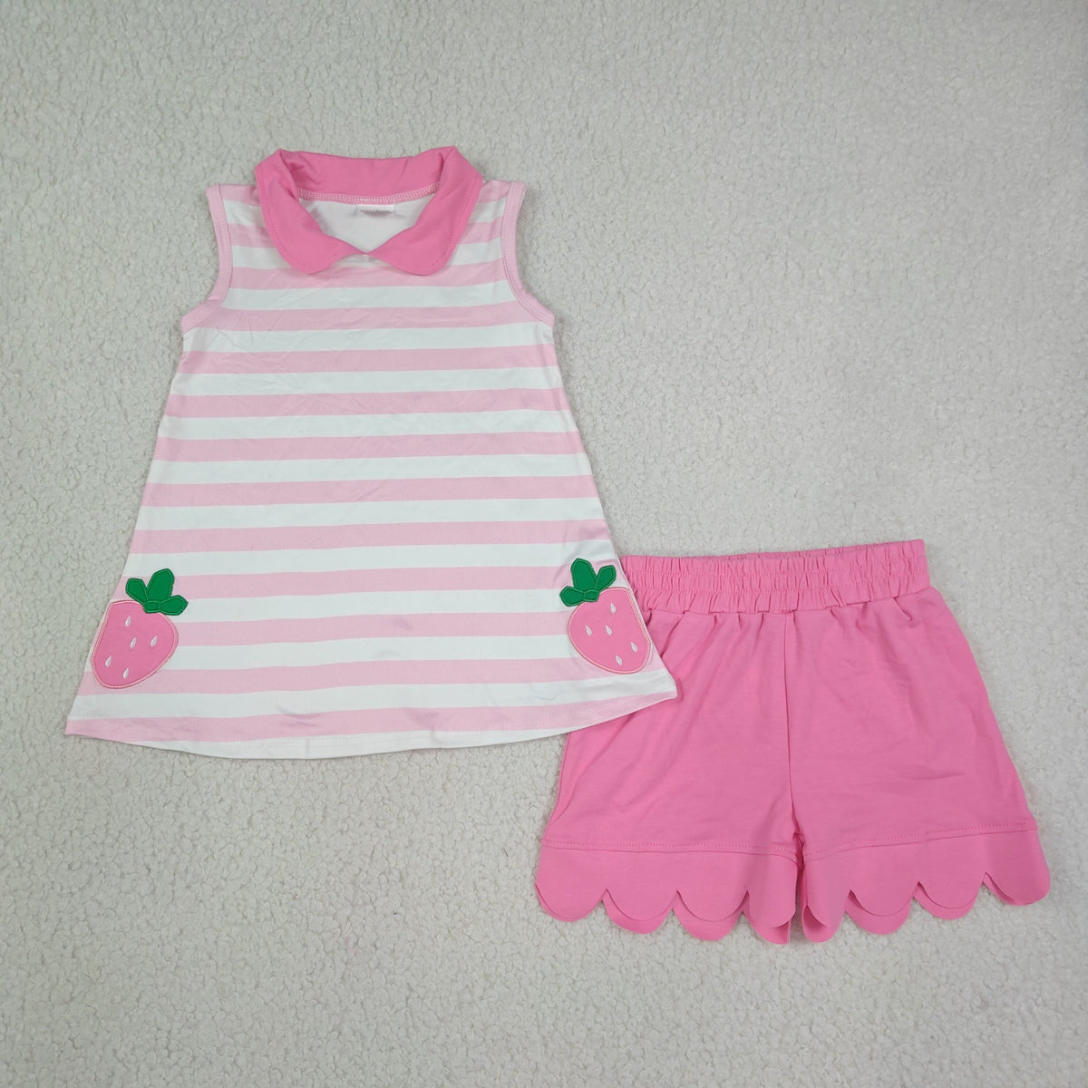 NEW RTS NO MOQ milk silk GSSO3631 Embroidery Strawberry Baby Girls Pink Stripe Tunic Scallop Shorts Clothes Set