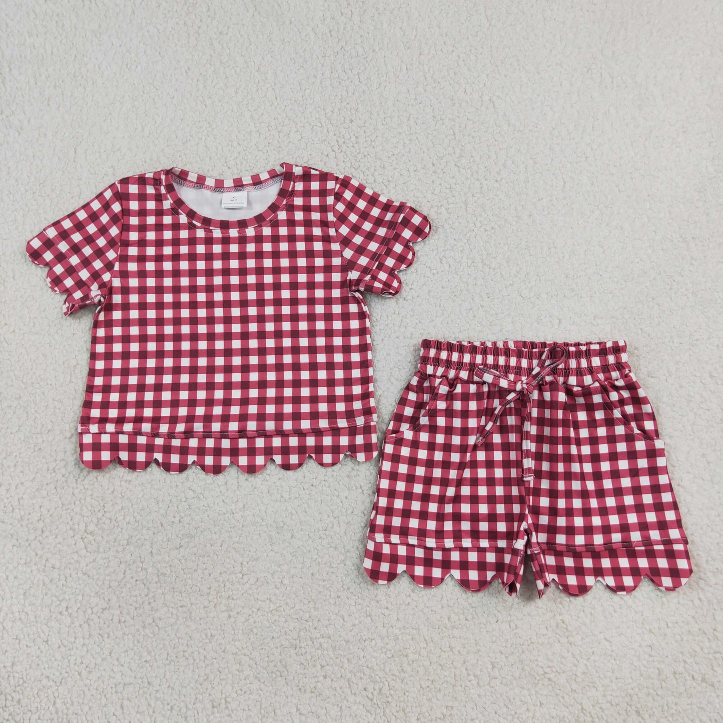 NEW RTS NO MOQ milk silk GSSO3836 Baby Girls Maroon Plaid Checked Short Sleeve Shirt Top And Scallop Hem Shorts Set