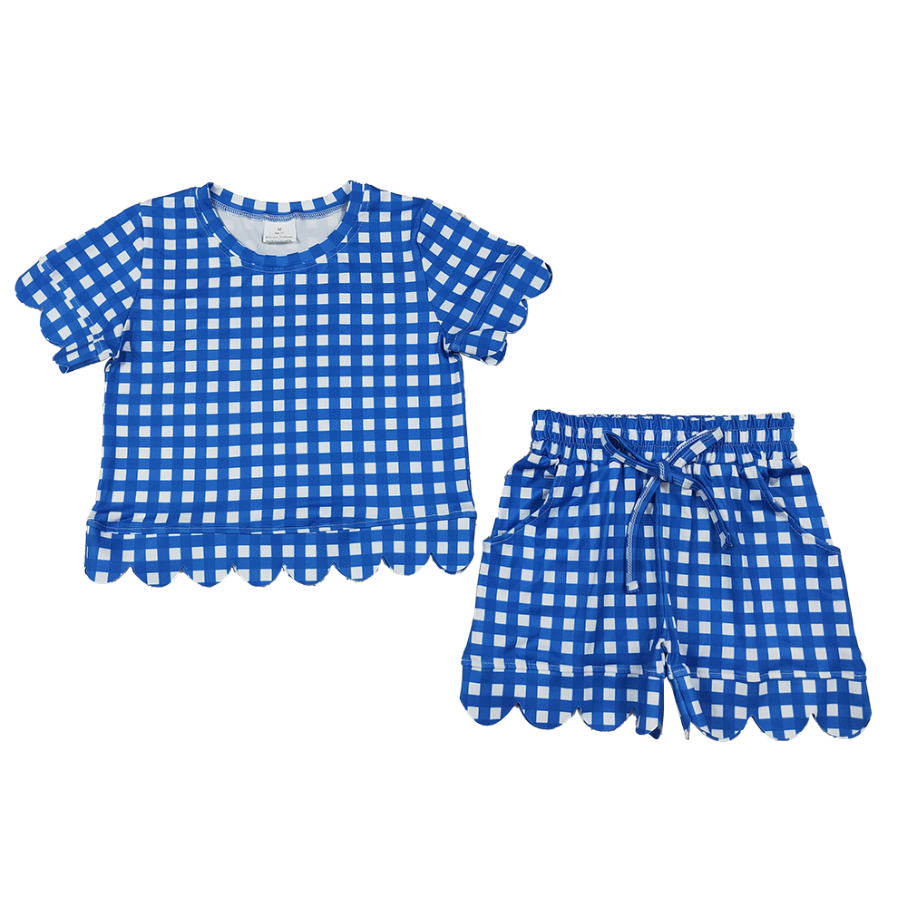 NEW RTS NO MOQ milk silk GSSO3837 Baby Girls Blue Plaid Short Sleeve Shirt Scallop Hem Shorts Set