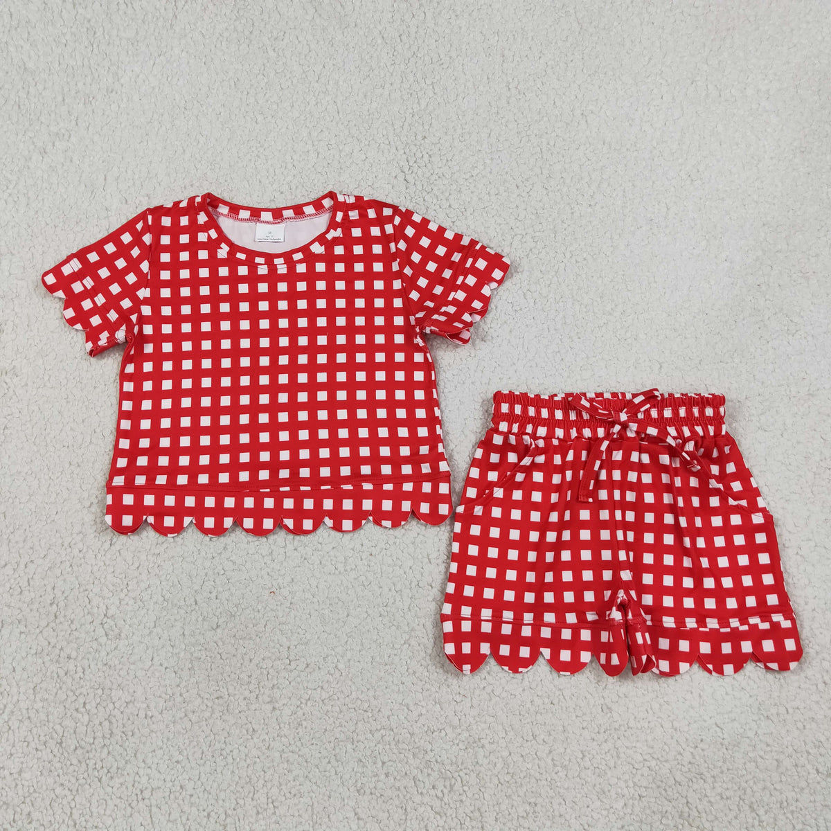 NEW RTS NO MOQ milk silk GSSO3838 Baby Girls Red Checked Shirt Top Pockets Short Scallop Clothes Set