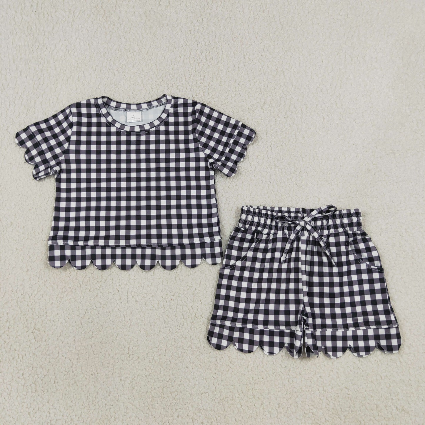 RTS NO MOQ Sibling milk silk Baby Girls Checked Shirt Top Pockets Short Scallop Clothes Set Summer Casual Outfit