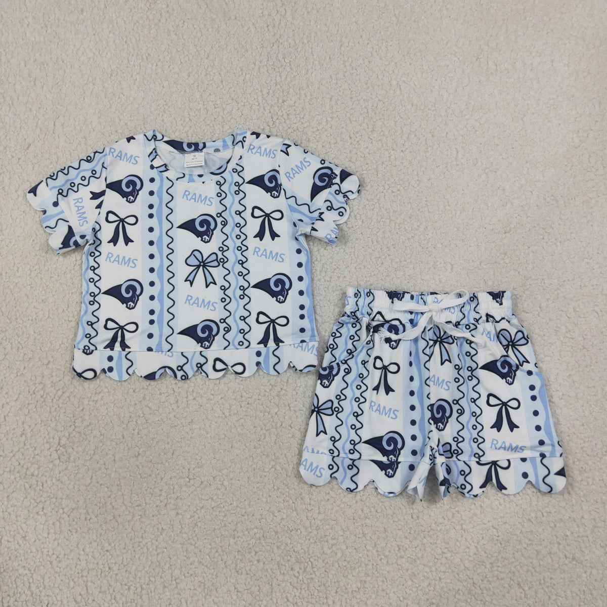 NEW RTS NO MOQ milk silk GSSO3853 Baby Girls Rams Bows Stripe Top Pockets Short Team Scallop Clothes Sets