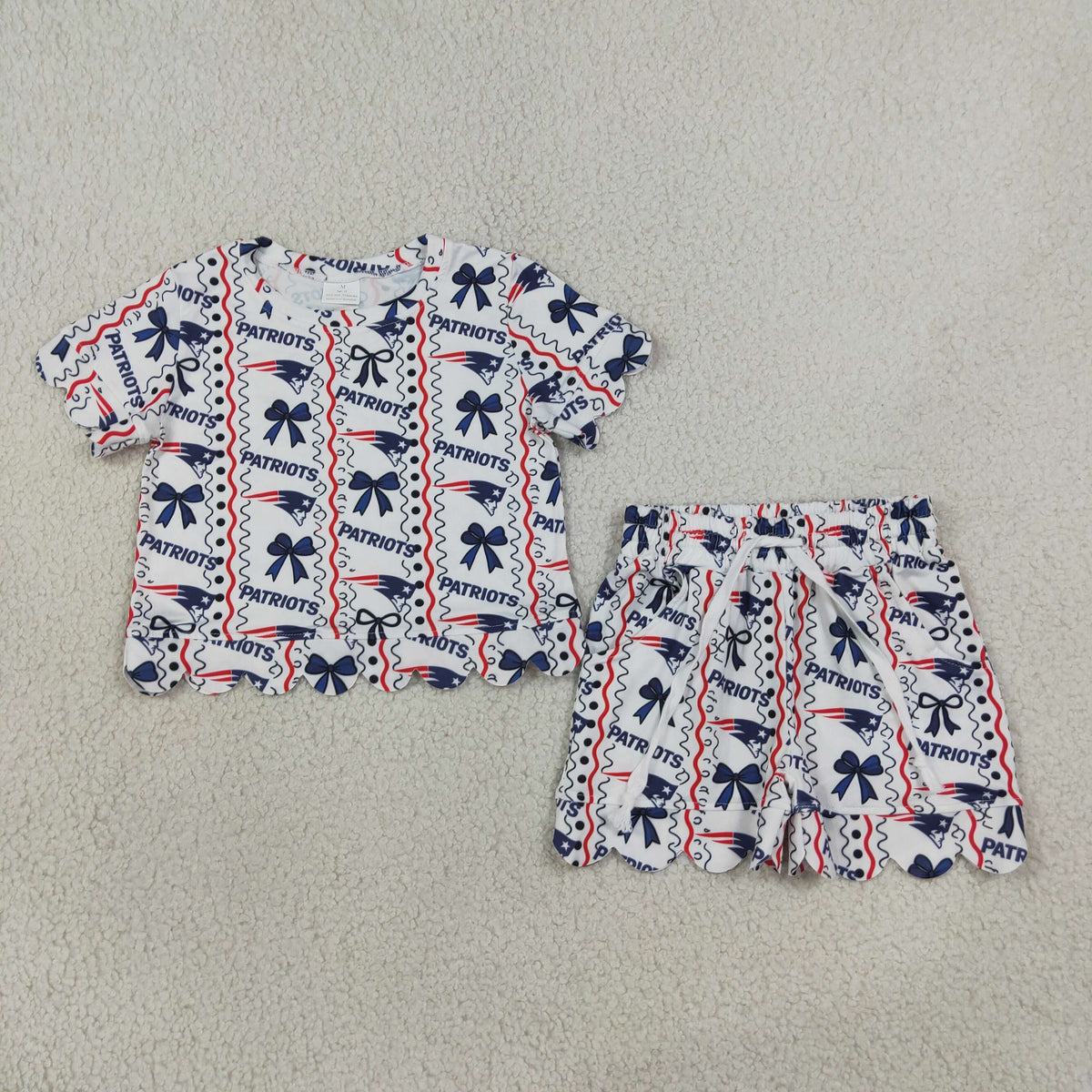 RTS NO MOQ Sibling milk silk Baby Girls Patriots Bows Stripe Top Pockets Short Team Scallop Clothes Sets Dress
