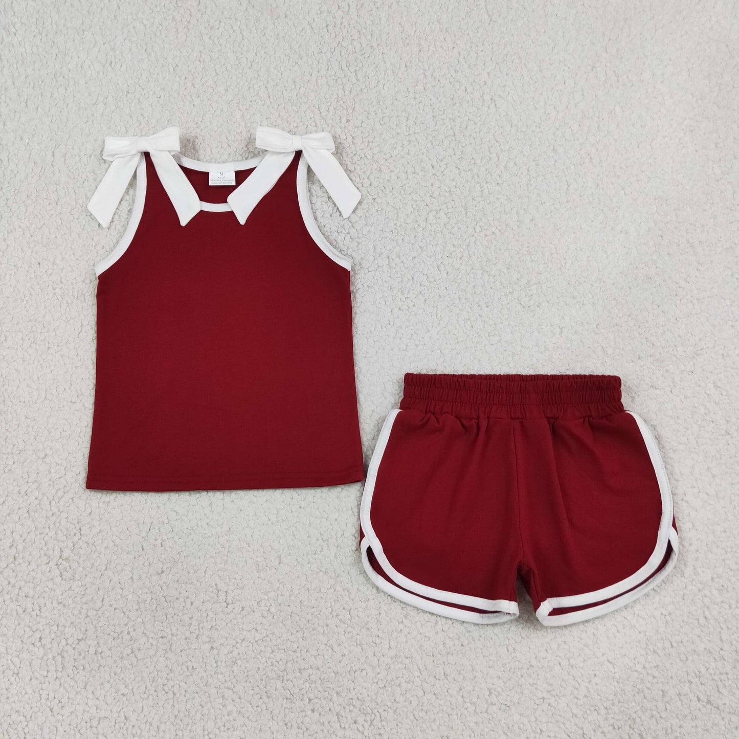 NEW RTS NO MOQ milk silk GSSO3855 Baby Girls Maroon White Bows Sleeveless Vest Top Short Clothes Sets