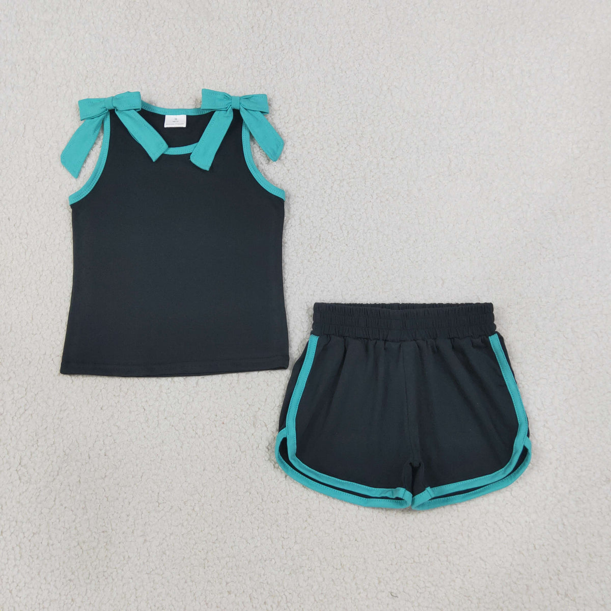 NEW RTS NO MOQ milk silk GSSO3856 Baby Girls Black Lake Blue Bows Sleeveless Vests Pockets Short Clothes Sets