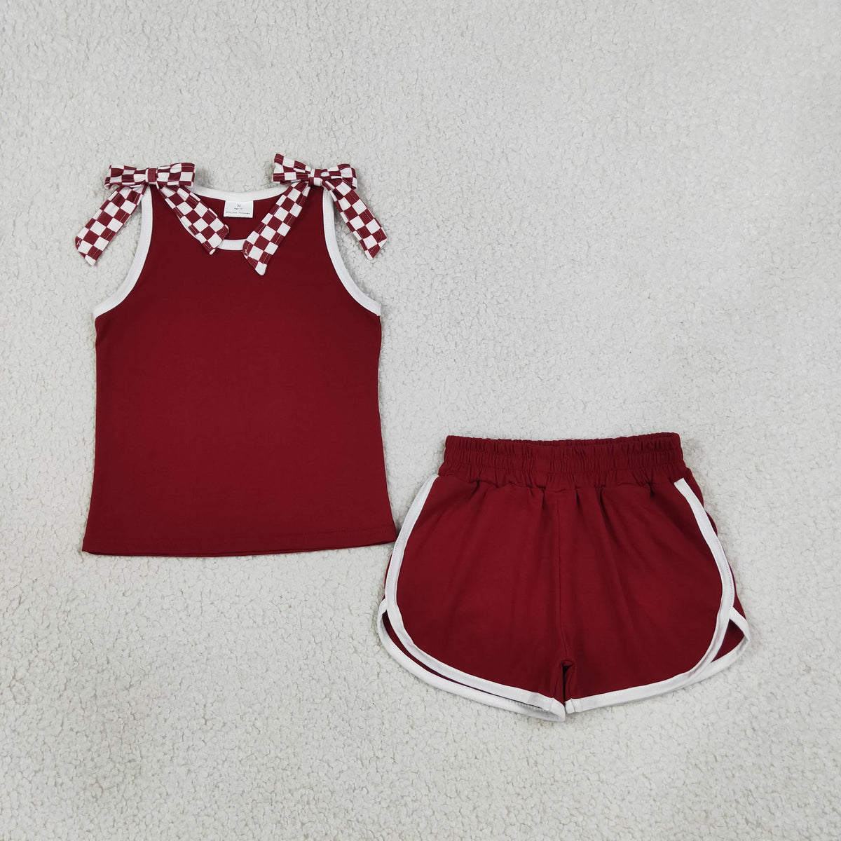 NEW RTS NO MOQ milk silk GSSO3859 Baby Girls Maroon Checked Bows Sleeveless Vest Pockets Short Clothes Sets