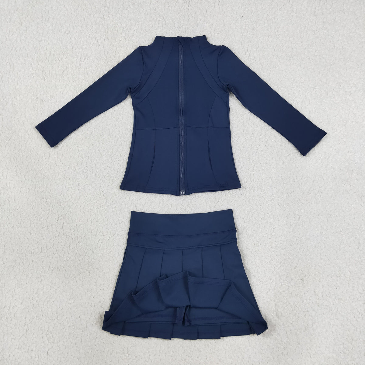 NEW RTS NO MOQ yoga fabric cotton GLD1705(GT0677+GLK0122)Baby Girls Navy Zip Pockets Jacket Top Pleated Skirt Short Yoga Active Casual Clothes Set