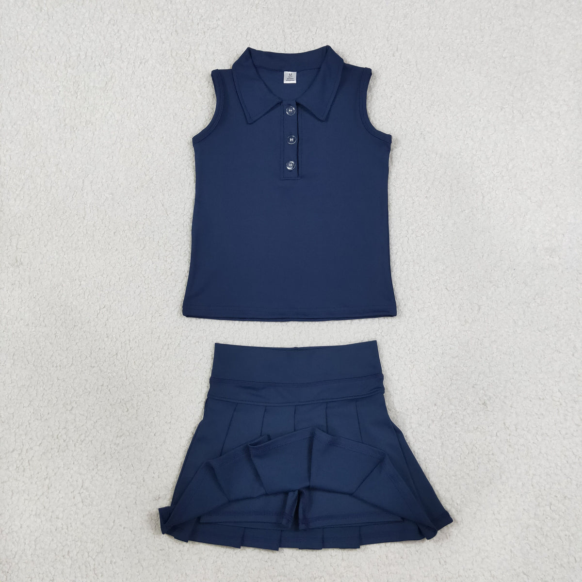 NEW RTS NO MOQ yoga fabric cotton GSD2796(GT1159+GLK0122)Baby Girls Navy Sleeveless Button Vest Top Pleated Skirt Short Yoga Casual Clothes Set