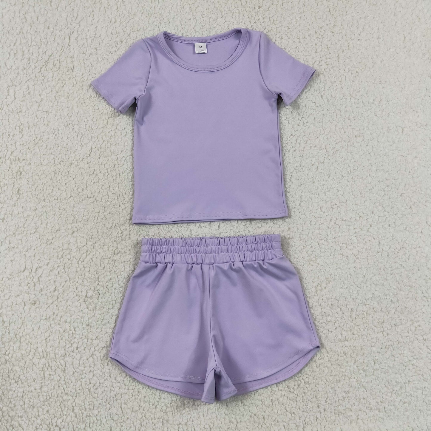 RTS NO MOQ Yoga GT1628+SS0895 Baby Girls Lavender Short Sleeve Top Sport Yoga Shorts Sets