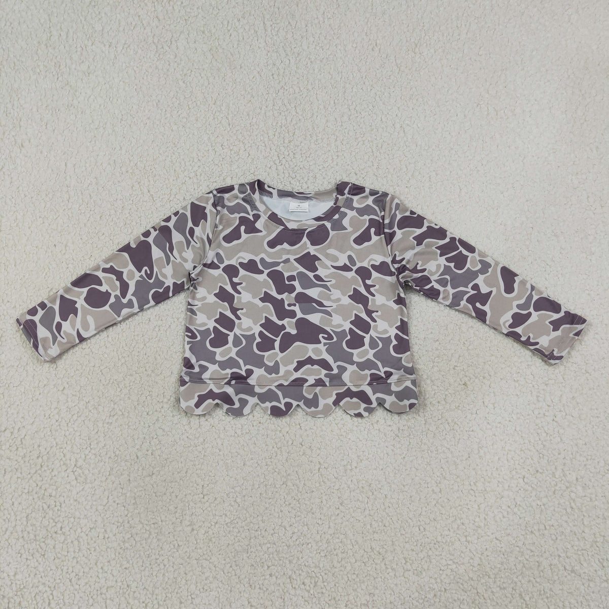 NEW RTS NO MOQ milk silk GT1685 Baby Girls Long Sleeve Southern Grey Camo Scallop T-shirts Top