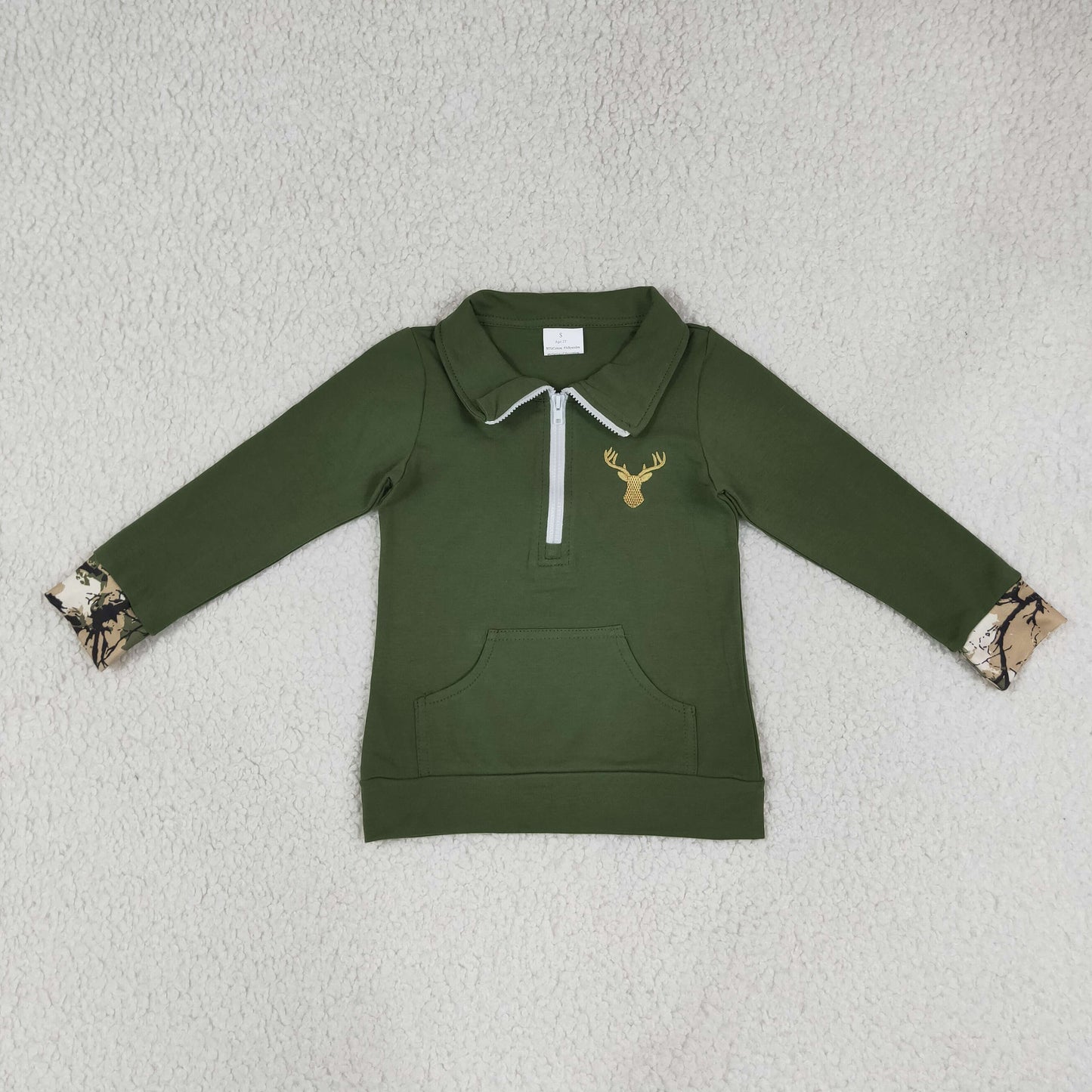 NEW RTS NO MOQ milk silk GT1694 Embroidery Deer Baby Girls Olive Long Sleeve Zip Pocket Hunting Pullovers Top