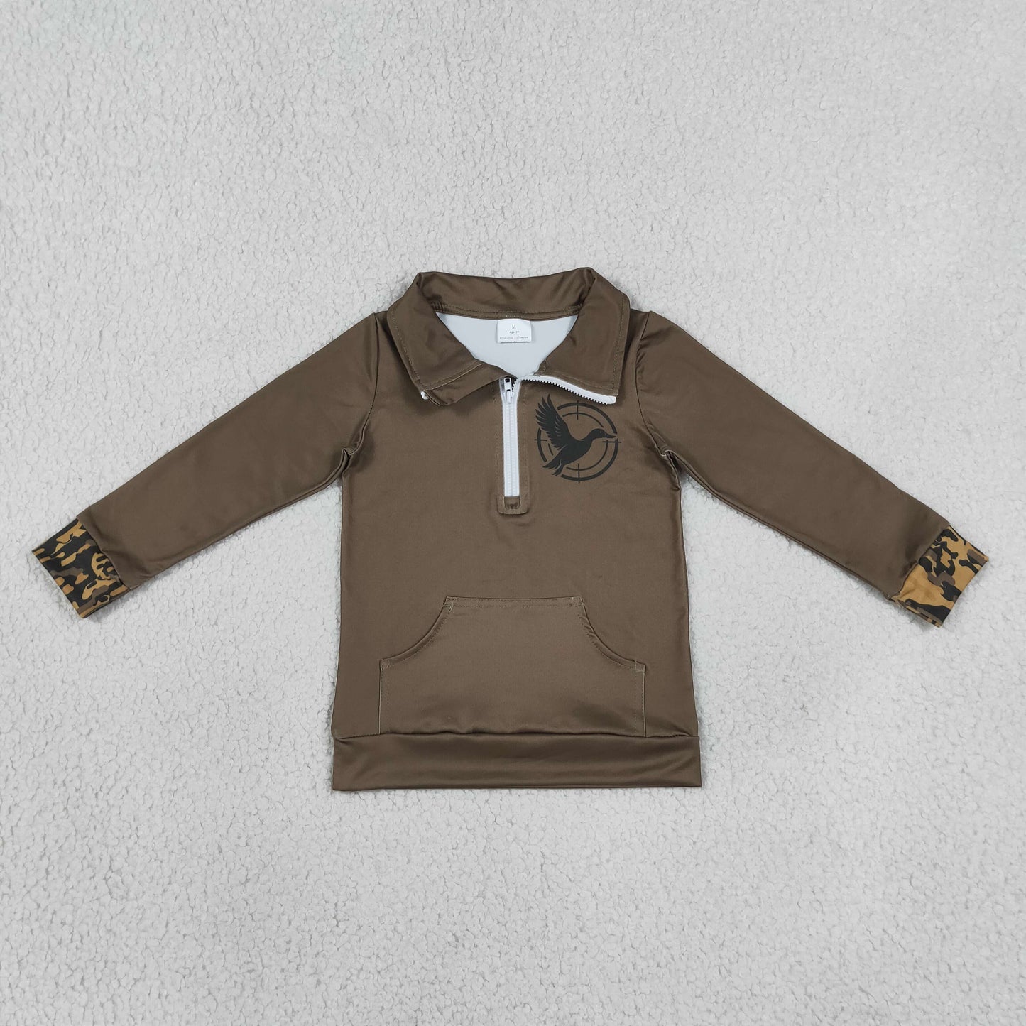 NEW RTS NO MOQ milk silk GT1698 Baby Girls Hunting Olive Green Duck Print Long Sleeve Zip Pocket Pullover