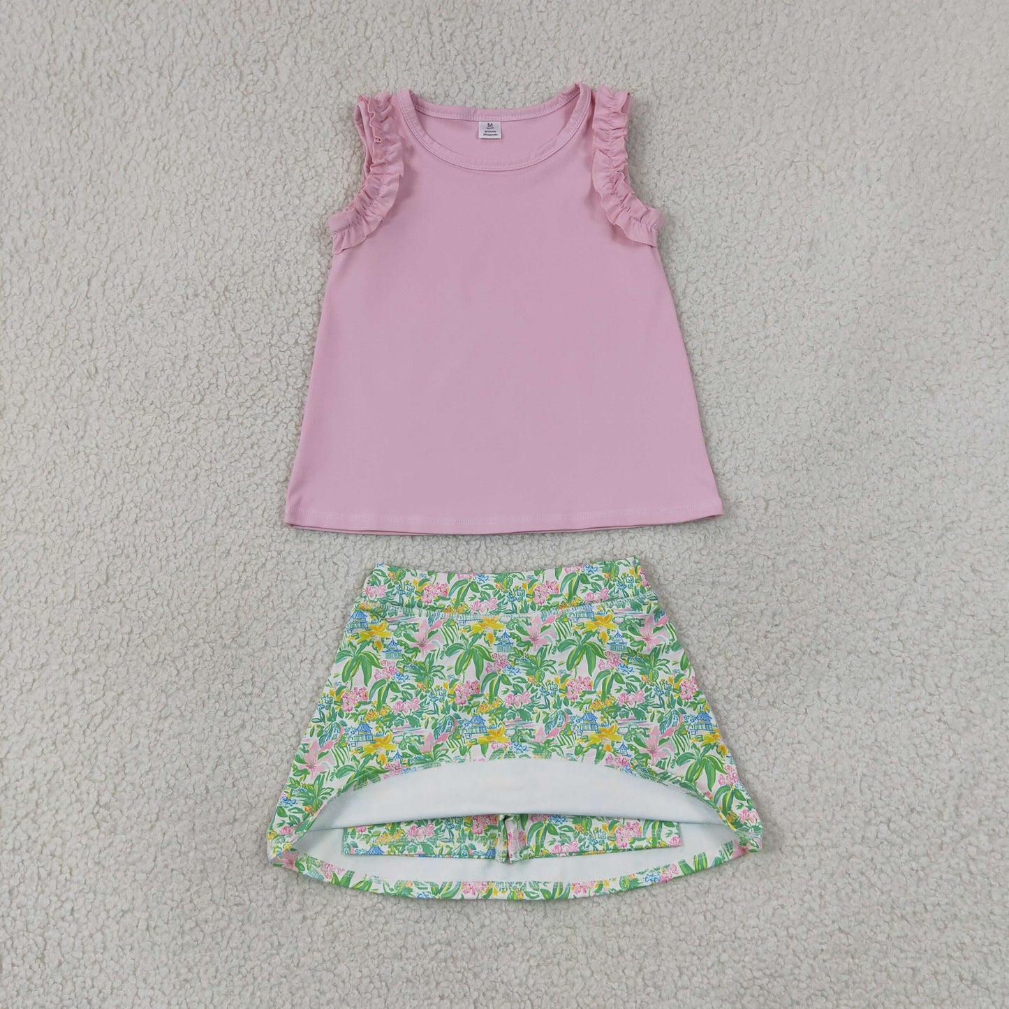 NEW RTS NO MOQ yoga fabric GSD4217(GT1701+GLK0311)Baby Girls Light Pink Sea World Print Tunic Top Scallop Skort Yoga Active Clothes Set