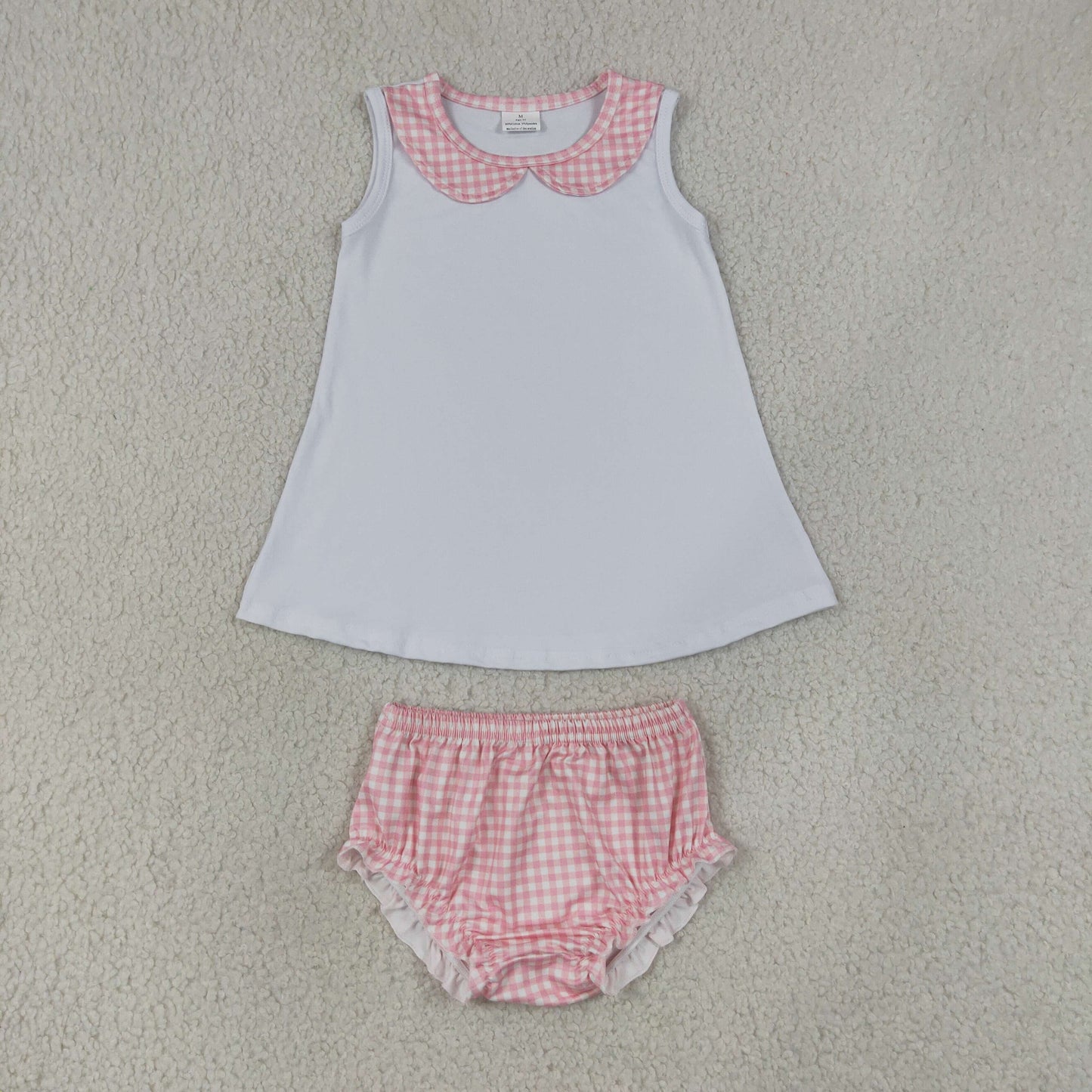NEW RTS NO MOQ milk silk GBO0538(GT1706+SS0939) Baby Girls Cute Light Pink Check Ruffle Tunic Bummies Casual Set