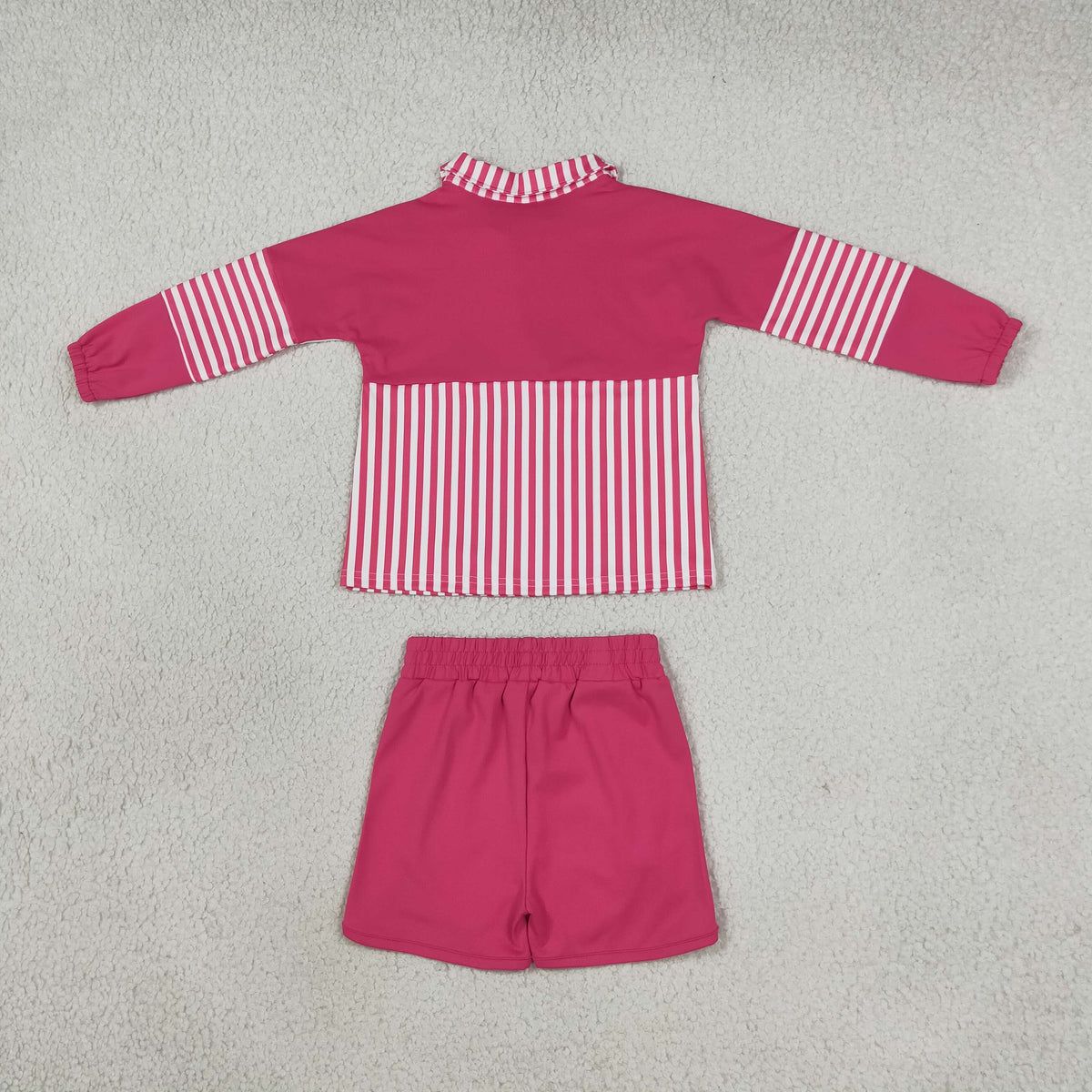 NEW RTS NO MOQ yoga fabric GLS0106 (GT1715+SS0949) Yoga Baby Girls Pink Stripe Print Zip Pullover Matching Shorts Two Piece Yoga Active Clothes Set