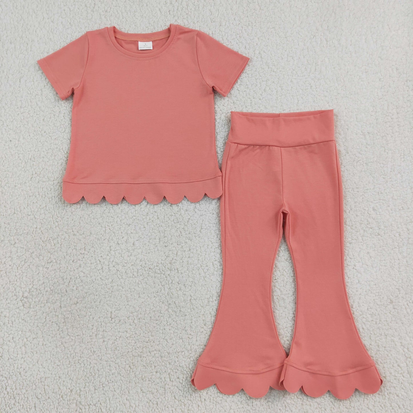 NEW RTS NO MOQ cotton GSPO2338(GT1768+P1076)Baby Girls Pink Short Sleeve Shirts Top Flare Pant Scallop Outfit