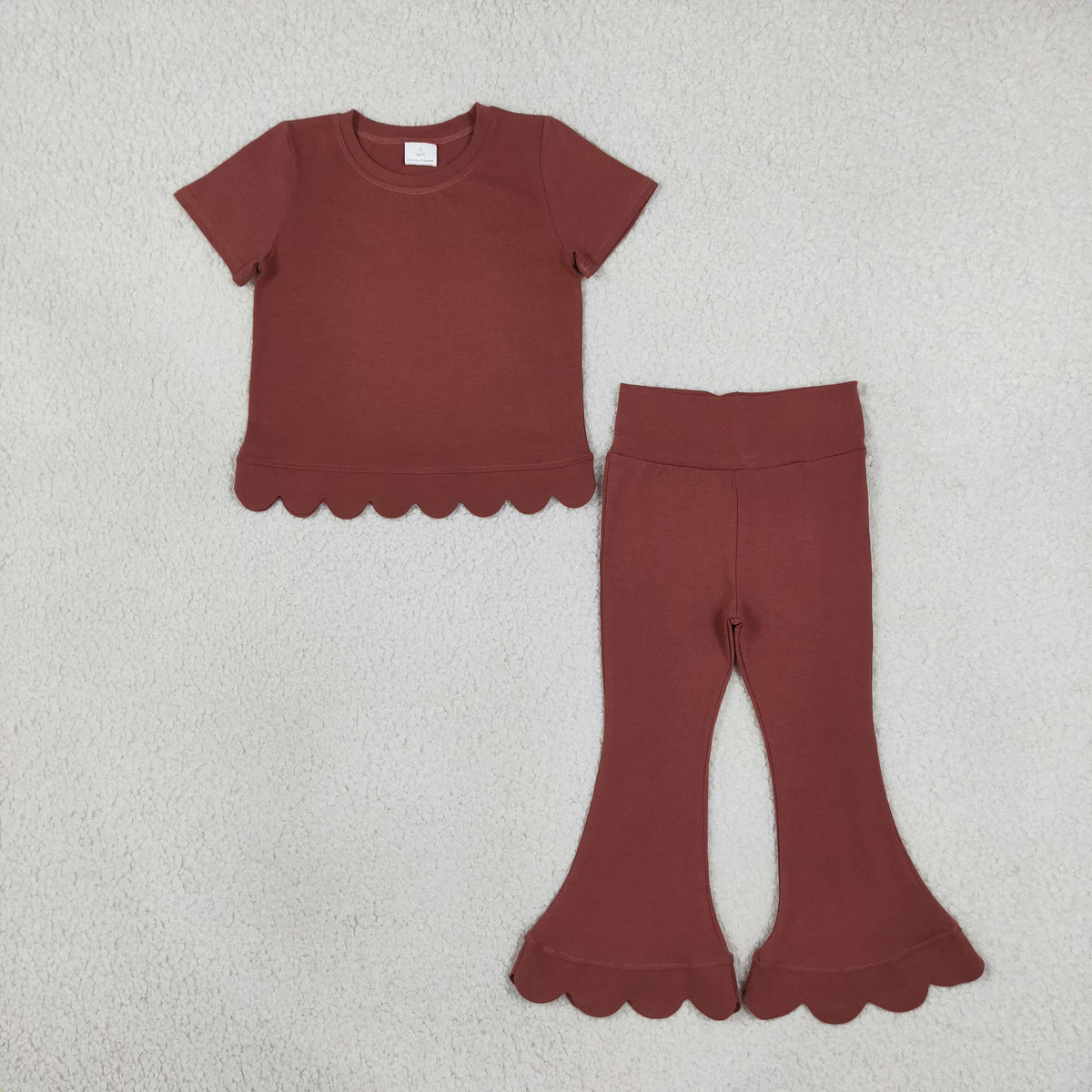 NEW RTS NO MOQ cotton GSPO2347(GT1777+P1085)Baby Girls Brown Short Sleeve Shirts Top Flare Pant Scallop Set