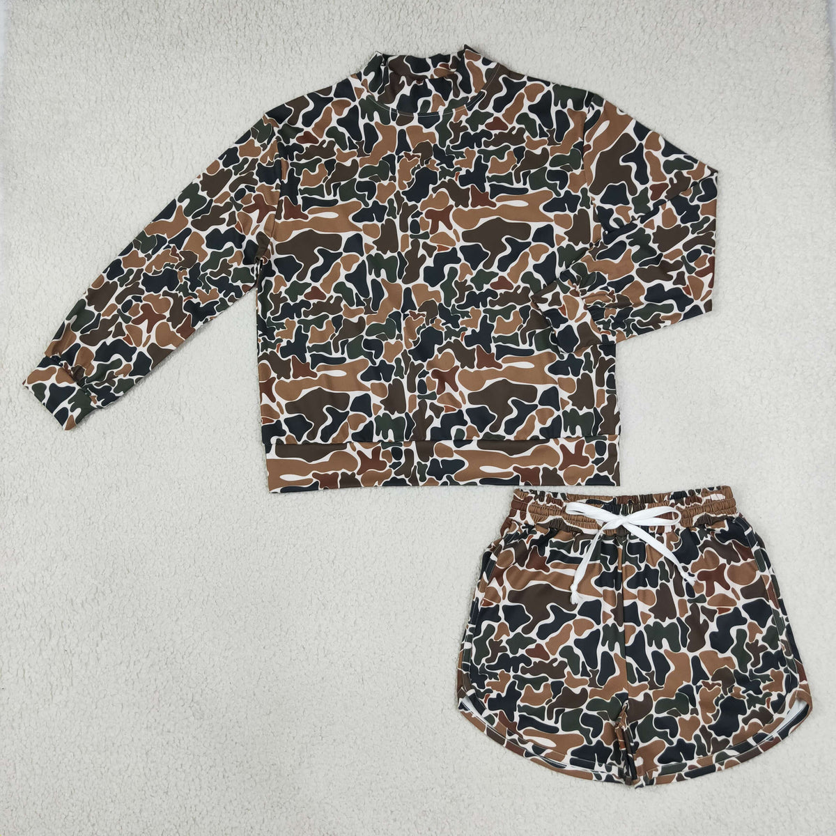 NEW RTS NO MOQ yoga fabric GLS0185(GT1817+SS0988)Yoga Adult Women High Neck Dark Brown Camo Long Sleeve Top Pockets Shorts Yoga Active Clothes Set