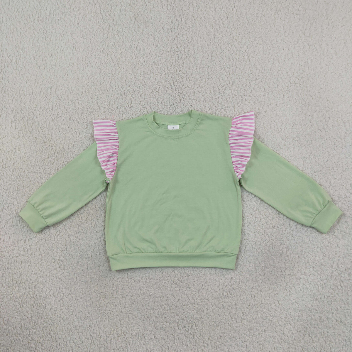 NEW RTS NO MOQ milk silk GT1847 Baby Girls Light Green Stripe Long Flutter Sleeve T-shirts Top
