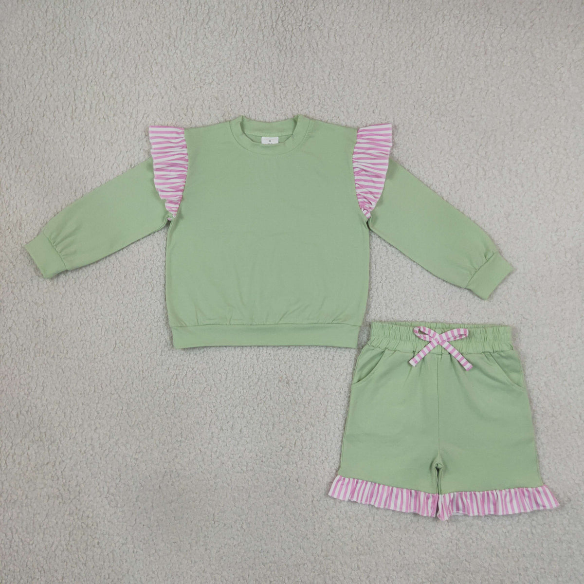 NEW RTS NO MOQ milk silk GLS0220(GT1847+SS1000)Baby Girls Light Green Stripe Flutter Sleeve Top Pockets Ruffle Short Clothes Set