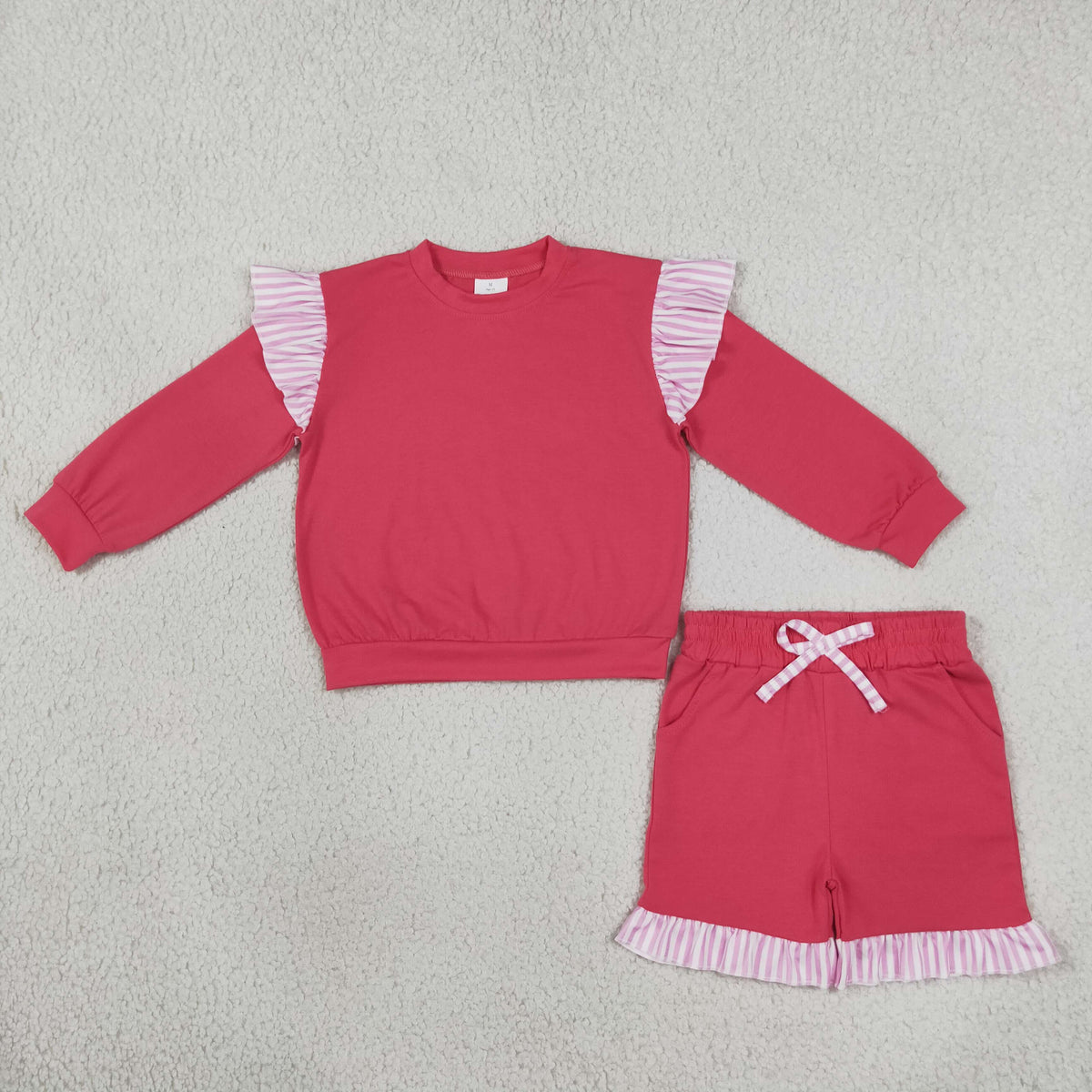 NEW RTS NO MOQ milk silk GLS0221(GT1848+SS1001)Baby Girls Watermelon Red Stripe Flutter Sleeve Top Pockets Ruffle Short Clothes Set
