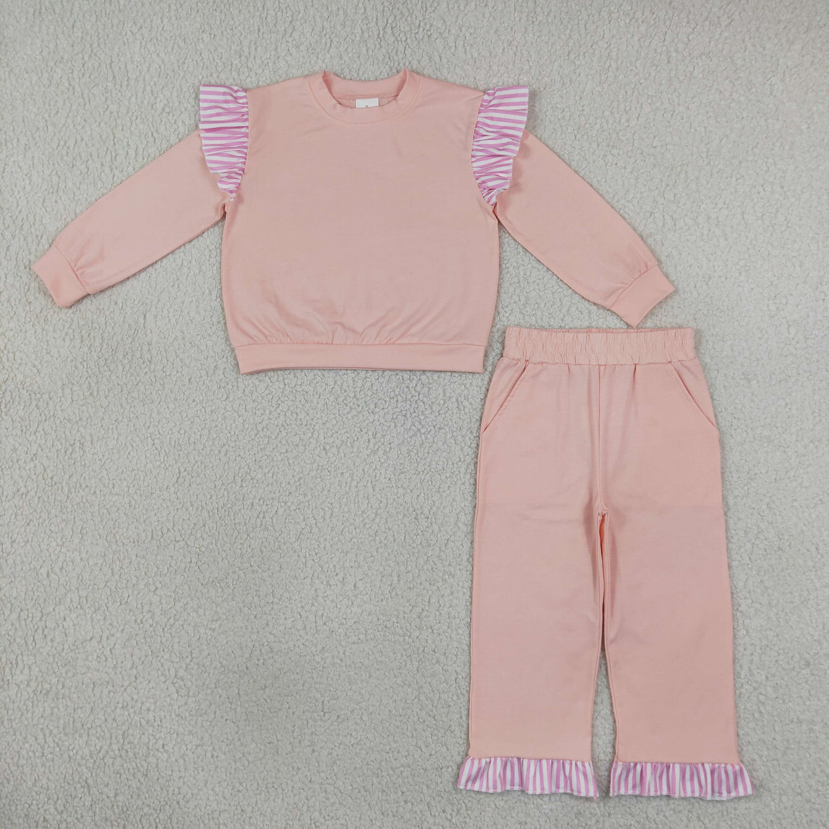 NEW RTS NO MOQ milk silk GLP3702(GT1849+P1151)Baby Girls Light Pink Stripe Flutter Sleeve Top Pockets Ruffle Pant Clothes Set