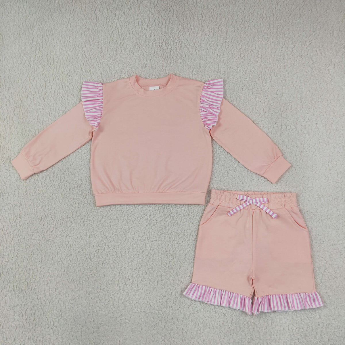 NEW RTS NO MOQ milk silk GLS0222(GT1849+SS0996)Baby Girls Light Pink Stripe Flutter Sleeve Top Pockets Ruffle Short Clothes Set