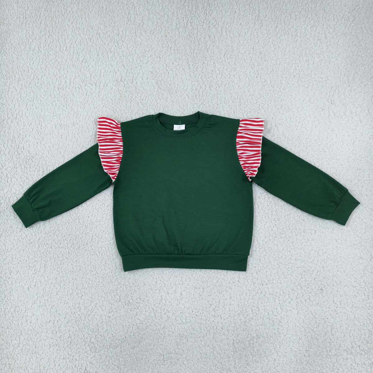 NEW RTS NO MOQ milk silk GT1850 Baby Girls Green Red Stripe Long Flutter Sleeve Fall T-shirts Top
