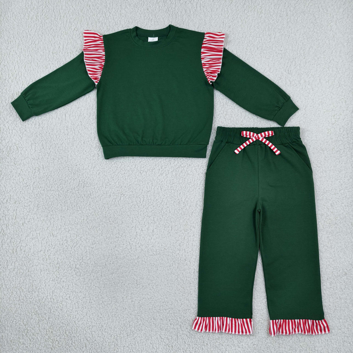 NEW RTS NO MOQ milk silk GLP3703(GT1850+P1158)Baby Girls Long Sleeve Green Top Pockets Ruffle Pant Set
