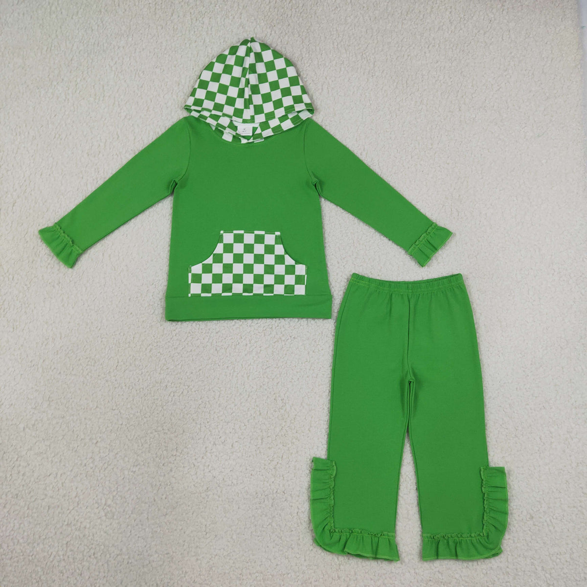 NEW RTS NO MOQ milk silk GLP3714(GT1855+P1165)Baby Girls Green Checked Pocket Long Sleeve Hoodie Ruffle Pant Outfit